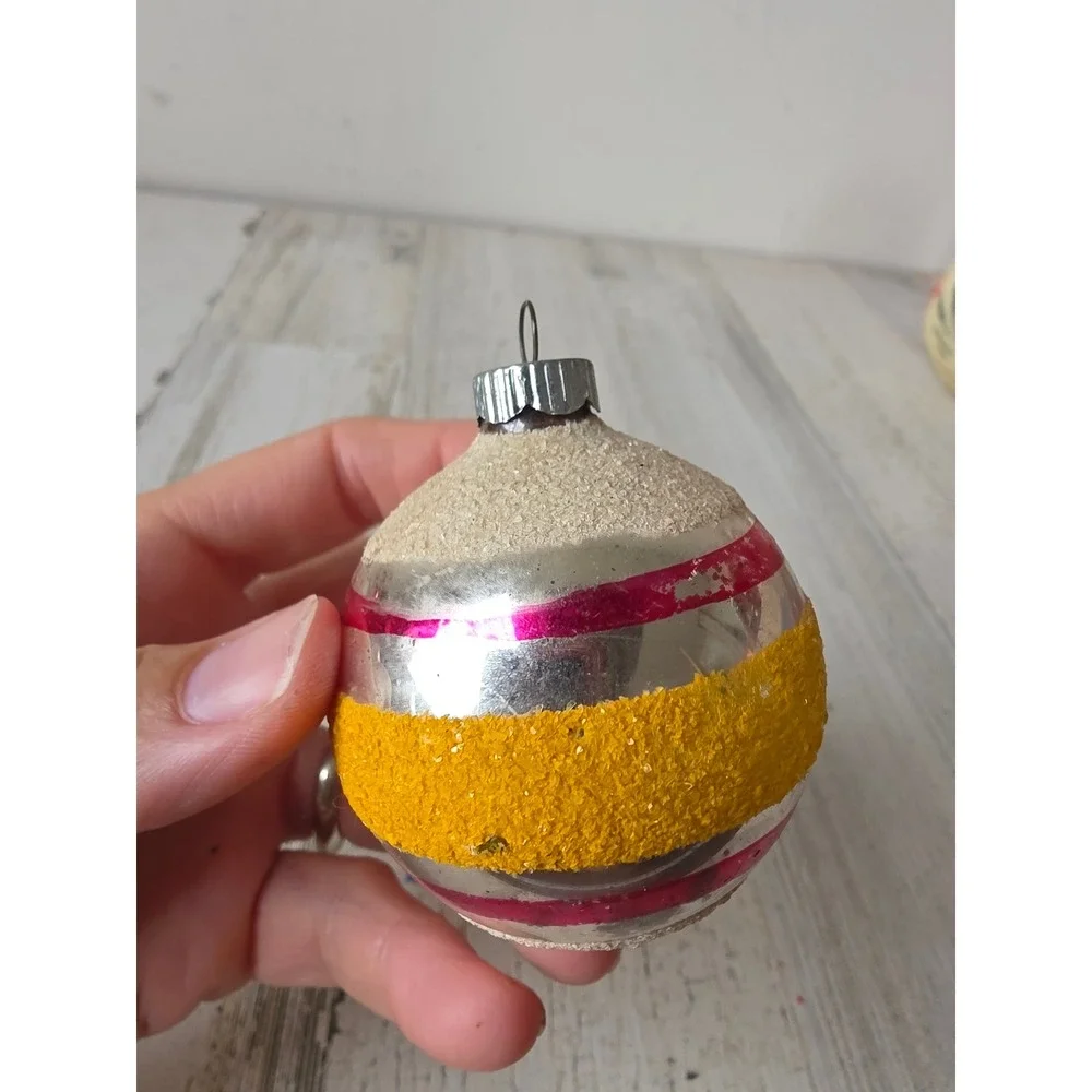Vintage shiny Brite ornament Mica yellow striped Xmas tree red